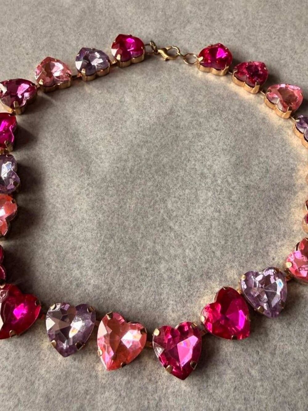 Pink Purple Heart Crystal Statement Necklace Gold Tone Y2K Coquette
